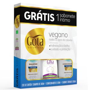 Kit Gota Dourada Shampoo e Condicionador Grátis Sabonete Intimo Vegano
